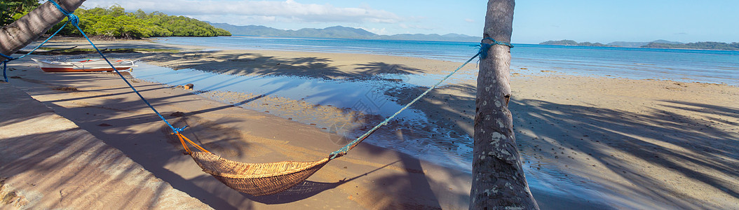 热带天堂海滩有棕榈树传统的编织吊床图片