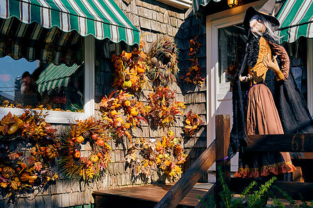 木墙上的秋天花环装饰感恩节的图片