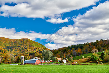 农场与红色谷仓筒仓阳光明媚的秋天西阿灵顿,佛蒙特州,美国图片