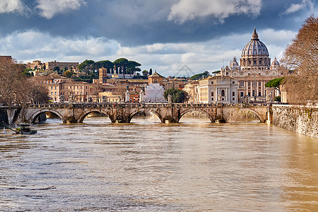 彼德大教堂提伯河,2月份高水位彼得巴西利卡梵蒂冈,安杰洛桥罗马,意大利图片