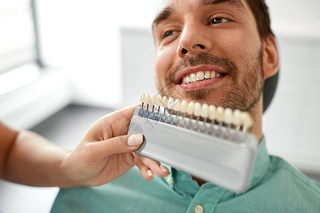 医学,牙科保健女牙医与牙齿颜色样本选择阴影男病人牙齿牙科诊所牙医诊所为病人选择牙齿颜色图片