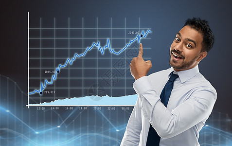商业,成功统计微笑的印度商人穿着衬衫,戴着领带,手指蓝色背景上的虚拟屏幕投影上的图表上印度商人指着虚拟图表图片