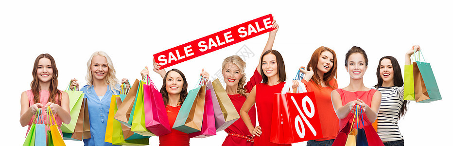出口折扣快乐的妇女与购物袋销售标志白色背景快乐的女人购物袋销售标志图片