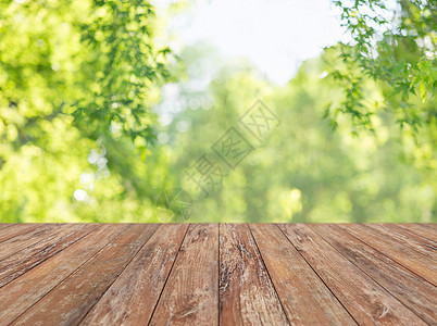 产品展示空木桌与模糊的绿色夏季公园背景木制桌子,模糊的夏季公园背景图片