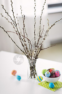 假期象猫柳枝彩色复活节彩蛋花瓶桌子上阴柳枝彩色复活节彩蛋图片