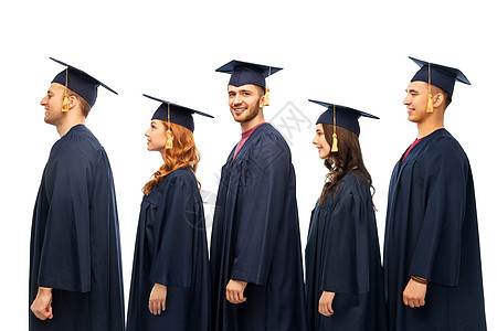 教育,毕业人的群快乐的研究生砂浆板学士礼服白色背景毕业生穿着灰浆板学士服图片