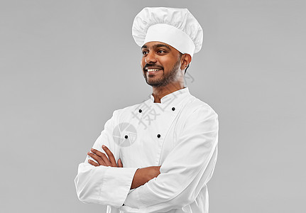 烹饪,职业人的快乐的男印度厨师灰色背景下快乐的印度男厨师托克图片