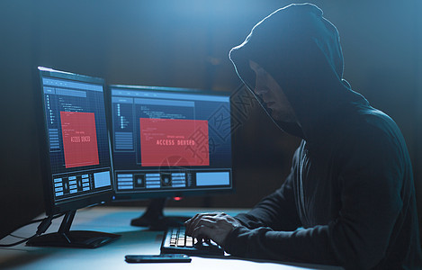 网络犯罪,黑客技术男黑客访问被拒绝的信息计算机屏幕上用病程序进行网络攻击黑暗的房间访问权限的黑客计算图片