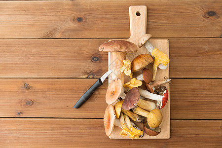 烹饪,烹饪食用蘑菇的同的食用蘑菇菜刀木制切割板木制切割板刀上的食用蘑菇图片