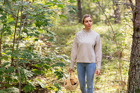 季节休闲的人的轻的女人带着蘑菇柳条篮子里走森林里女人带着篮子森林里采蘑菇图片