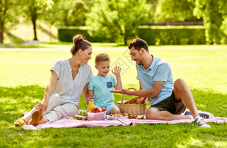 家庭,休闲人的快乐的母亲,父亲小儿子夏季公园野餐快乐的家庭夏天的公园野餐图片