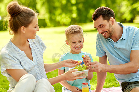 家庭,休闲人的快乐的母亲,父亲小儿子夏季公园野餐吃葡萄快乐的家庭夏天的公园野餐图片