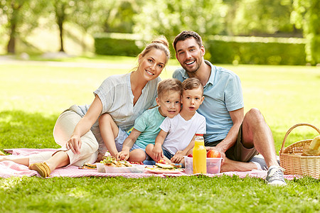 家庭休闲人的快乐的母亲父亲两个小儿子夏季公园野餐的肖像家庭夏天公园野餐的肖像图片