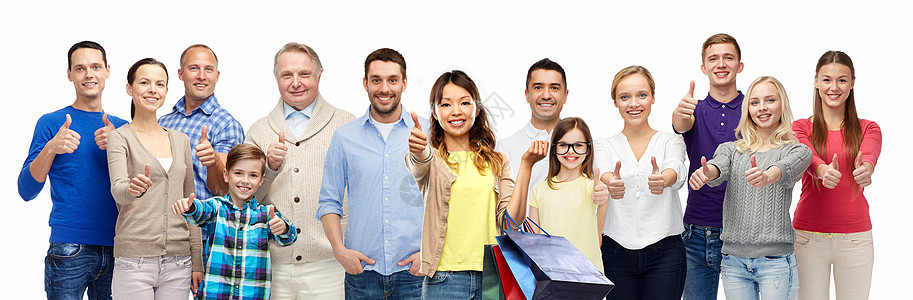 销售出口消费主义带购物袋的亚洲妇女群同龄的人白色背景下竖大拇指女人着购物袋,人们竖大拇指图片