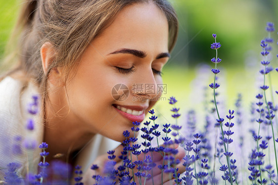 园艺人们的夏季花园里,快乐的轻女人闻着薰衣草的花靠近闻着薰衣草花的女人图片