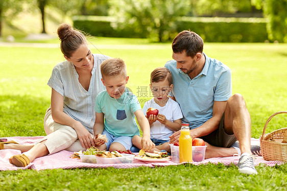 家庭,休闲人的快乐的母亲,父亲两个小儿子夏季公园野餐快乐的家庭夏天的公园野餐图片