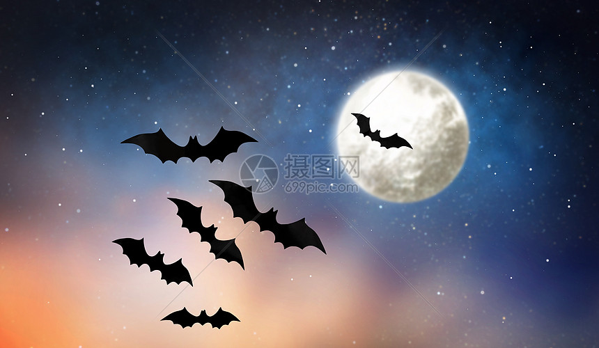 ‘~万节装饰黑色蝙蝠星空背景下飞越月球黑色蝙蝠星空中飞过月亮  ~’ 的图片