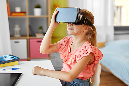 技术,增强现实娱乐活动女孩与虚拟耳机虚拟现实眼镜家里玩家里戴着VR眼镜的女孩图片