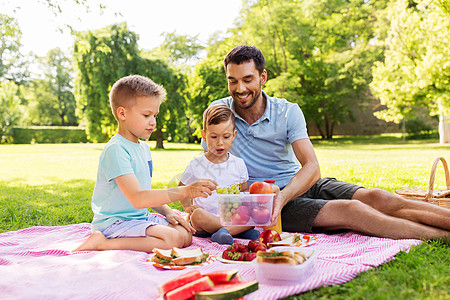 家庭休闲父爱的快乐的父亲两个小儿子夏季公园野餐快乐的家庭夏天的公园野餐图片