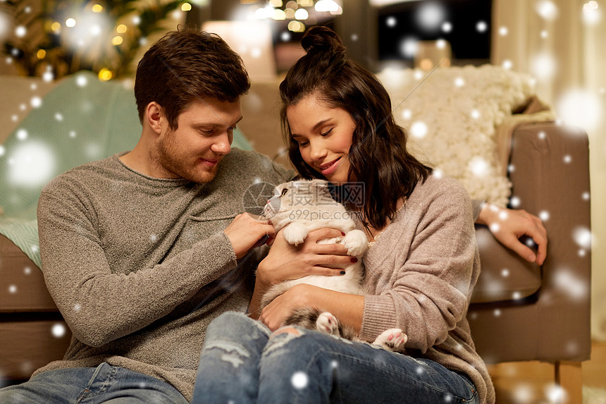 快乐夫妇家里抱着猫过诞节图片