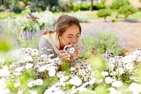 快乐的女人闻着花园里的洋甘菊花图片