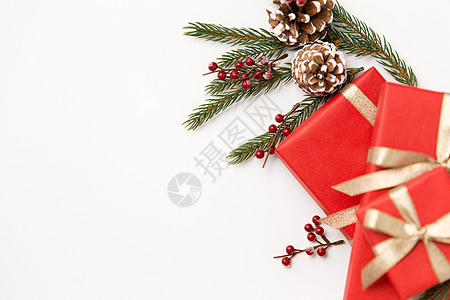 寒假,诞节庆祝红色礼品盒杉木树枝与松果白色背景诞礼物松树枝与松果图片