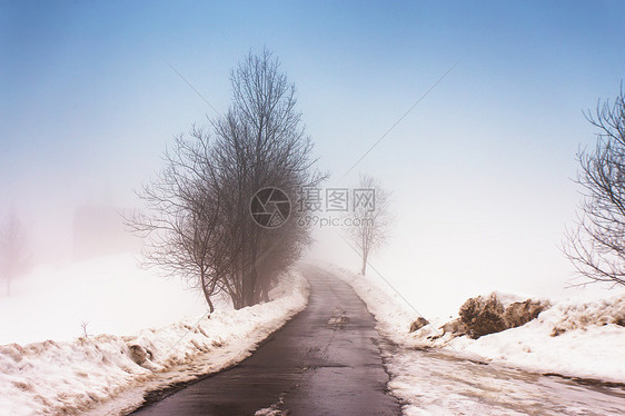 喀尔巴阡山脉乡村道路上融化的雪早春天气预报艰难的道路温带气候的早春春天来了图片