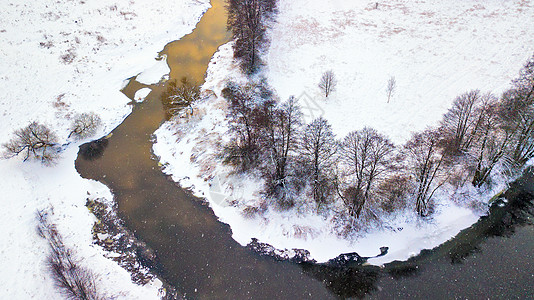 冬季雪河的鸟瞰图白俄罗斯明斯克附近的河岸草地上的冷冻树木图片