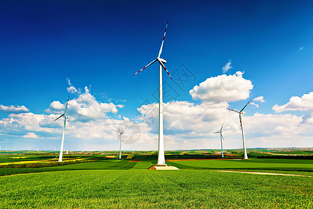 春天阳光明媚,绿色的田野里风力发电机生态动力风力涡轮机发电绿色环境下奥地利,靠近珀斯多夫背景图片