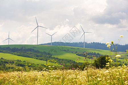风力涡轮机美丽的阳光明媚的夏季秋山大地上绿色生态发电风电场生态场绿草鲜花贝斯基迪范围背景图片