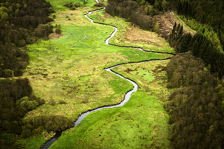 小河穿过个绿色的区域,看田野树木图片