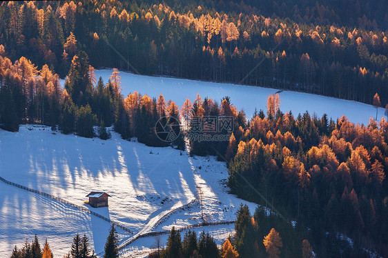 孤独的房子冬季阳光明媚的天,周围的马格达莱纳村,富内斯谷,奥德尔,白云蒂阿尔卑斯山博尔扎诺南蒂罗尔,意大利孤独图片