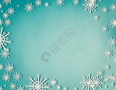 雪花框架蓝色绿松石背景与,顶部视图诞节寒假的图片