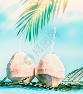 两个新鲜的椰子鸡尾酒与热带树叶蓝天背景下悬挂棕榈叶阳光热带度假暑假海滩派健康的天然椰子水饮料图片