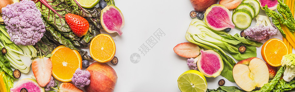 各种夏季水果蔬菜横幅模板白色,顶部视图食物背景健康的生活方式图片