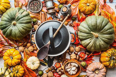 各种五颜六色的机南瓜炊具与勺子厨房的桌子上与坚果,香料秋叶,顶部景观秋天的静物与南瓜感恩节食谱平躺季节图片
