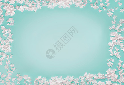 可爱的白色小花框架绿松石蓝色背景,顶部视图,平躺图片