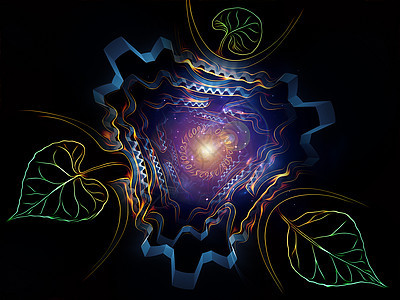 齿轮,树叶抽象的灯光插图的能量,生命宇宙的力学图片