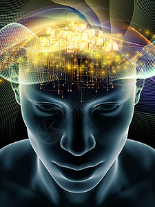 心灵波系列关于意识大脑智力人工智能的人类头部技术符号的三维插图的背景成图片