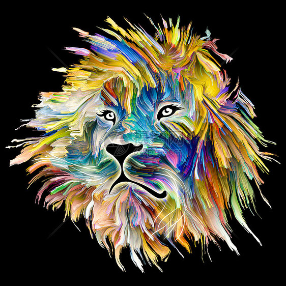 狮子头抽象彩色绘画孤立黑色背景上图片