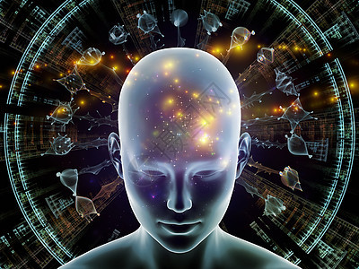 三维插图心灵光环系列三维人头思维大脑活动人工智能精神资源内心世界等抽象元素辐射的背景下图片