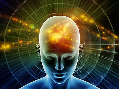 三维插图心灵光环系列女头部思维大脑活动人工智能精神资源内心世界等上辐射抽象元素的背景下图片