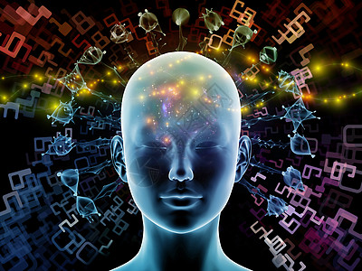 三维插图心灵光环系列大胆的人头思维大脑活动人工智能精神资源内心世界等上辐射抽象元素的背景下图片