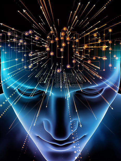 心理系列的元素关于科学教育心灵力量的人类头部技术符号的三维插图图片