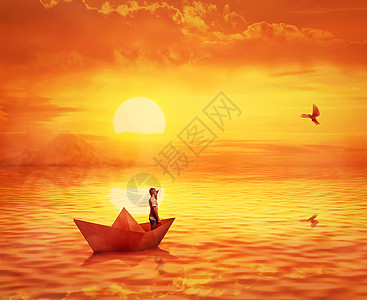 个孤独的男孩艘纸船上的剪影,海洋中迷失,橙色的日落天空只鸽子飞来寻找海岸冒险旅程,寻求帮助图片