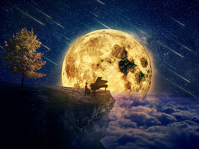 月亮与树音乐家与他的钢琴悬崖边缘等待音乐灵感背景