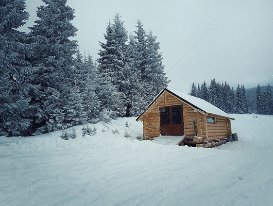 降雪后冷杉林的乡村木屋山区的传统高山小屋图片