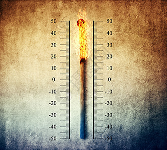 燃烧的火柴,指示刻度上的温度温度计全球变暖气温上升的图片