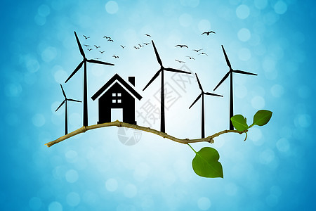 环境绿色能源房子的轮廓,风力涡轮机鸟儿树枝上飞翔图片