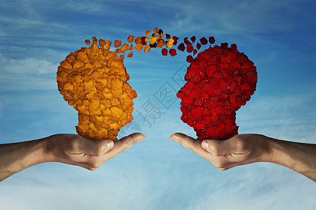 两只手握着蓝色天空背景上的玫瑰花瓣头浪漫关系的依恋爱的象征,给予交流感情情感思维交流思想伙伴关系业务图片